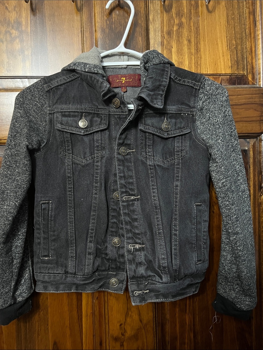 7 For All Mankind Black Denim Jacket with Gray Knit Sleeves and Hood